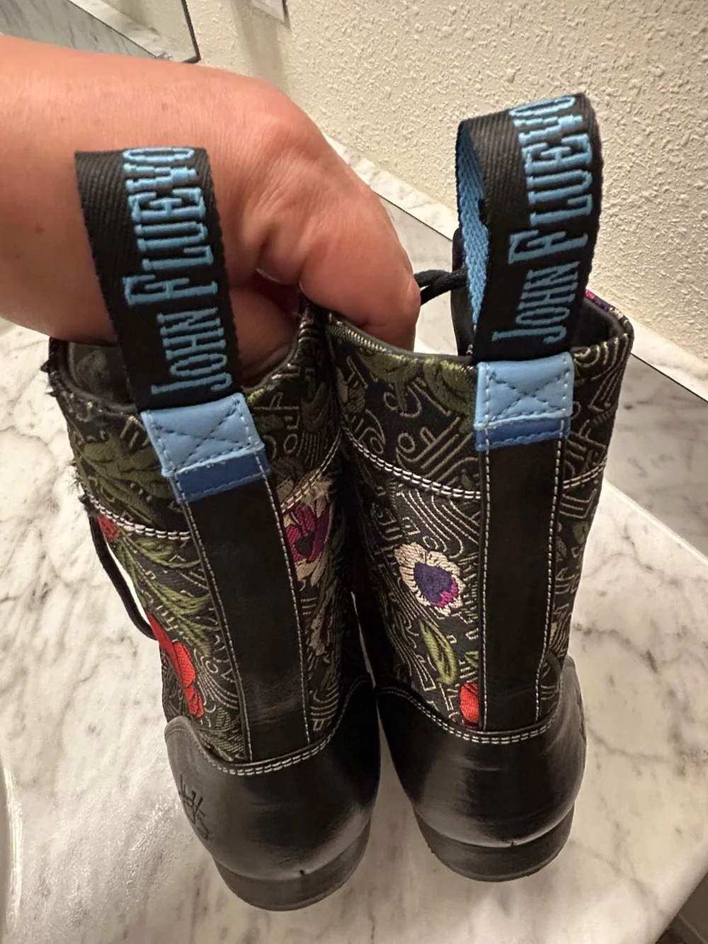 New John Fluevog Black Lace-Up Boots with Red and Purple Floral Embroidery - Picture 11 of 13